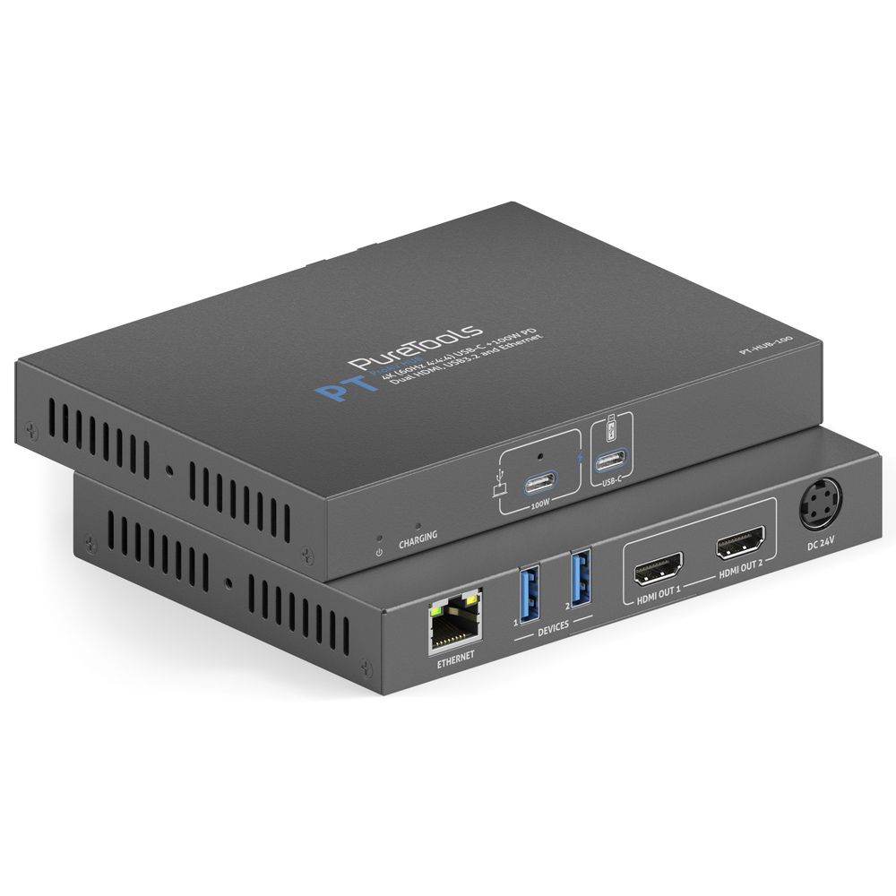 PT-HUB-100 Док-станція ProAV USB-C в режимі - 4K (60 Гц 4:4:4) USB-C + 100 Вт PD Подвійний вихід 4K HDMI, USB3.2 і Ethernet